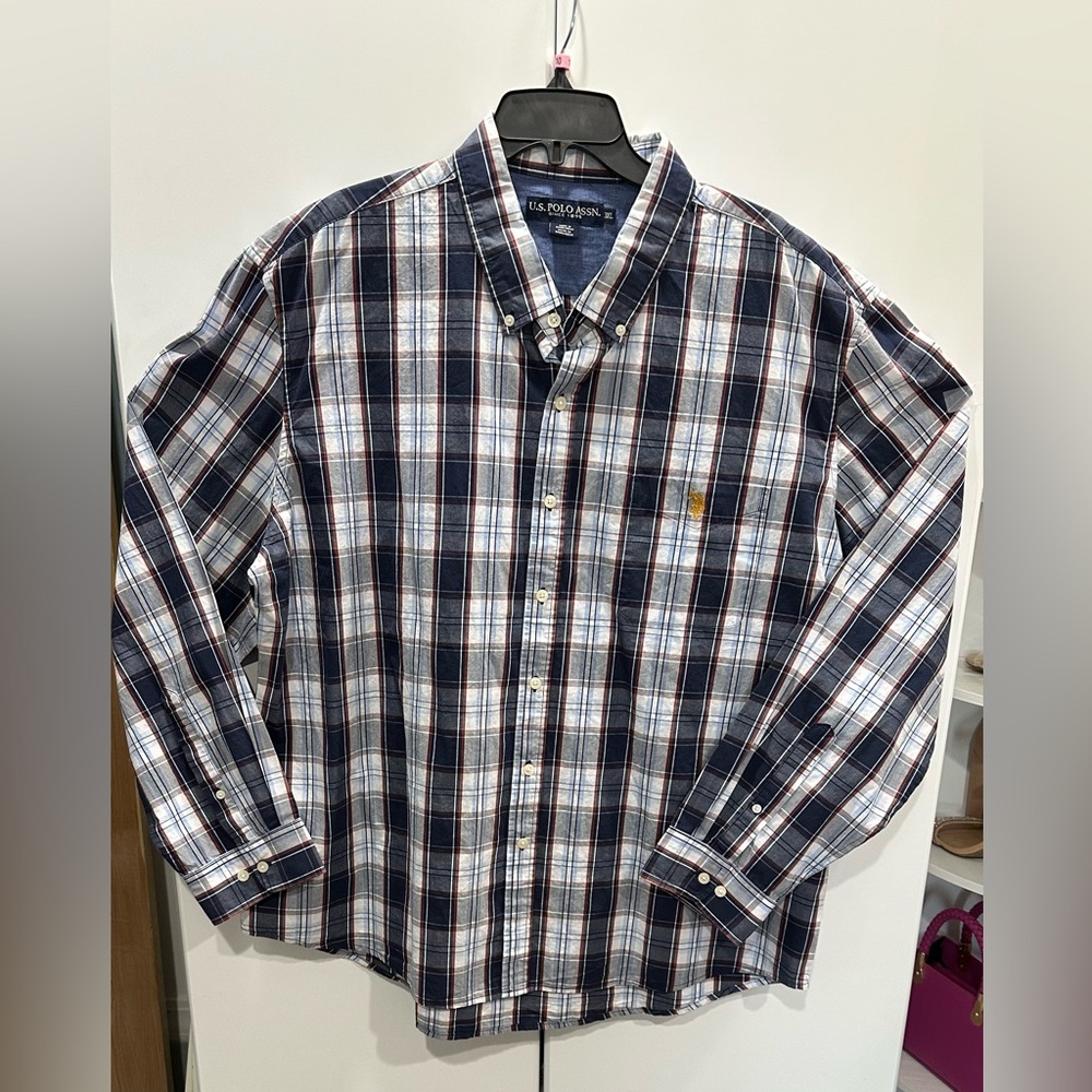NWOT US Polo ASSN Long Sleeve Button Up Shirt Men's Size 3XL Plaid Blue White